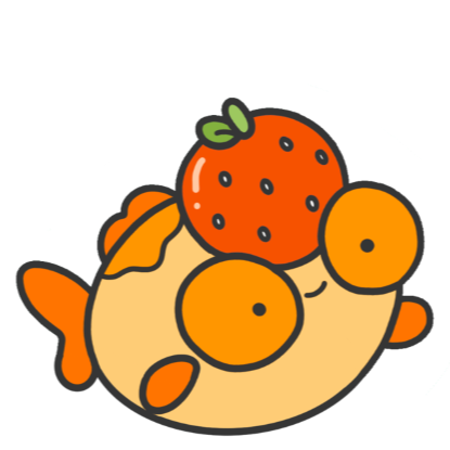 Cartoon lucky goldfish with a tangerine on its head 
